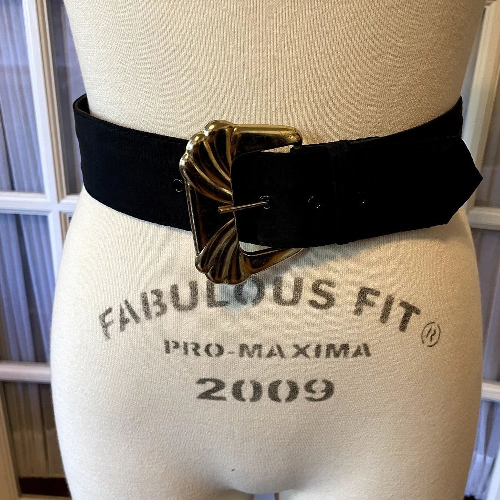 Black Grosgrain Fabric Covered Belt with Gold Buckle 2" Wide 28-32" Length L